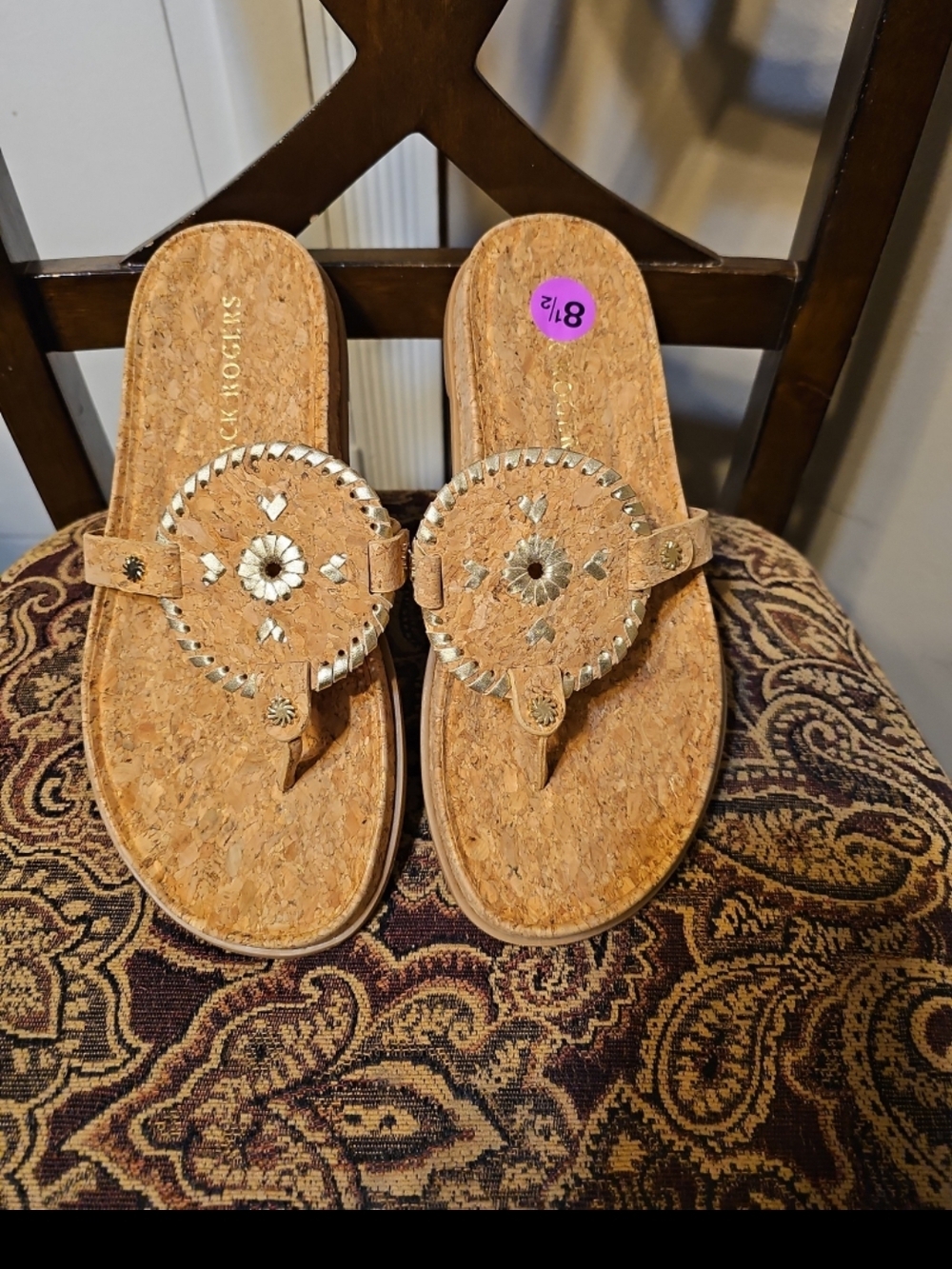 Jack Rogers "Original Jacks" Thong Sandals in the Natural Cork/Gold colorway.